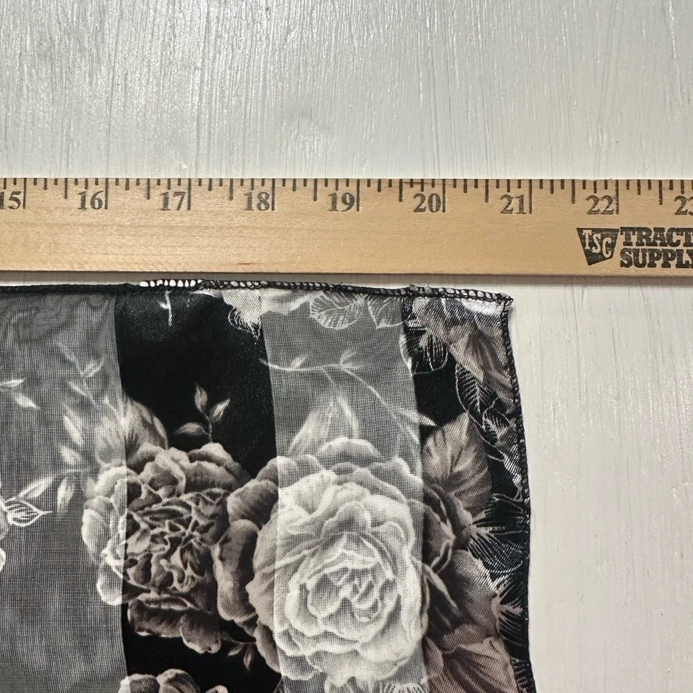 Vintage Korea Black Floral Striped Polyester Scarf 21x21” Square Rose Print